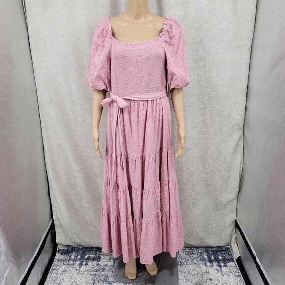 Westbound Pink Smocked Eyelet Cotton Maxi Dress Women's Size Large NEW - Picture 2 of 12